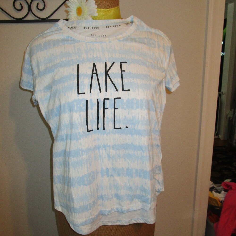 RAE DUNN, NWOT, LAKE LIFE SHIRT WHITE , LGT BLUE STRIPED LADIES SMALL